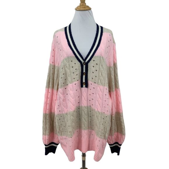 Torrid Sweater Womens Plus 2 Pink Striped Vegan Cashmere Pullover V Neck Henley - Picture 1 of 16